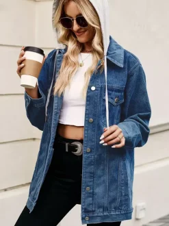 Oversized Hooded Denim Jacket For Women - Long Boyfriend Fit Distressed Jean Trucker Coat - Spring Chic Streetwear 2026