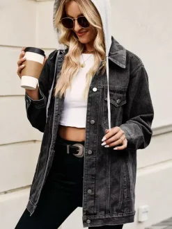 Oversized Hooded Denim Jacket For Women - Long Boyfriend Fit Distressed Jean Trucker Coat - Spring Chic Streetwear 2026