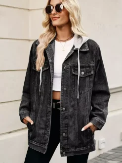 Oversized Hooded Denim Jacket For Women - Long Boyfriend Fit Distressed Jean Trucker Coat - Spring Chic Streetwear 2026