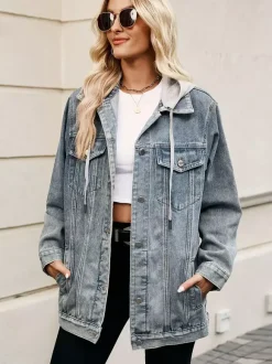 Oversized Hooded Denim Jacket For Women - Long Boyfriend Fit Distressed Jean Trucker Coat - Spring Chic Streetwear 2026