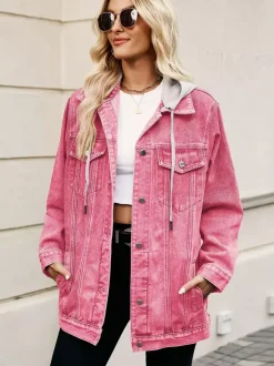 Oversized Hooded Denim Jacket For Women - Long Boyfriend Fit Distressed Jean Trucker Coat - Spring Chic Streetwear 2026