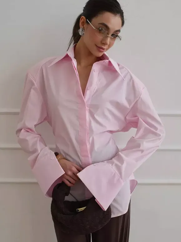 Oversized Point Collar Wide Cuff Long Sleeve Dress Shirt
