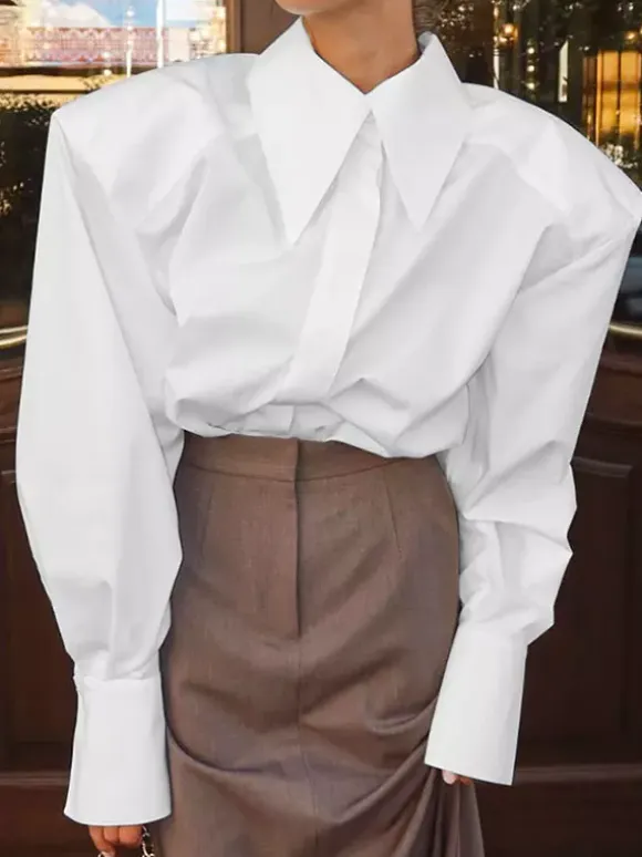 Oversized Point Collar Wide Cuff Long Sleeve Dress Shirt