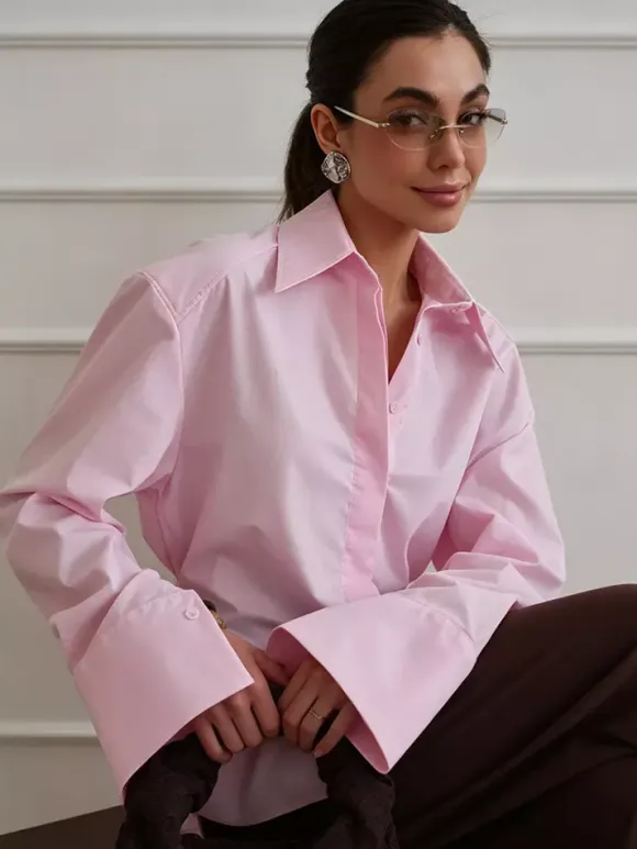 Oversized Point Collar Wide Cuff Long Sleeve Dress Shirt