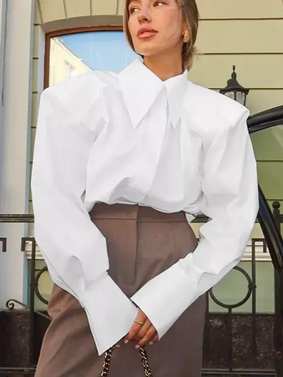 Oversized Point Collar Wide Cuff Long Sleeve Dress Shirt