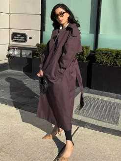 Oversized Trench Coat For Women - Chocolate Brown Chic Double Breasted Maxi Windbreaker - Spring Evening Out 2026