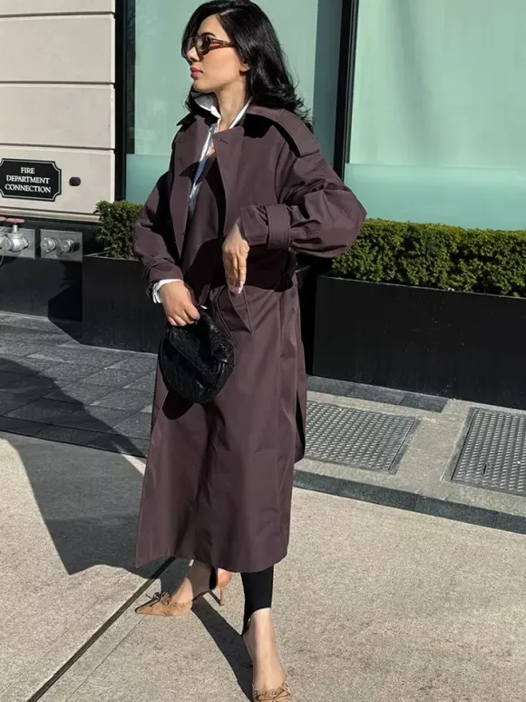 Oversized Trench Coat For Women - Chocolate Brown Chic Double Breasted Maxi Windbreaker - Spring Evening Out 2026
