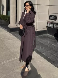 Oversized Trench Coat For Women - Chocolate Brown Chic Double Breasted Maxi Windbreaker - Spring Evening Out 2026
