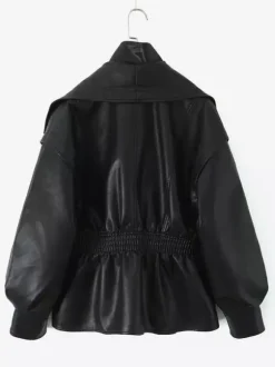 Oversized Wide Lapel Faux Leather Jacket Elastic Cinched Waist Two-Tone Black Brown Outerwear