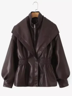 Oversized Wide Lapel Faux Leather Jacket Elastic Cinched Waist Two-Tone Black Brown Outerwear