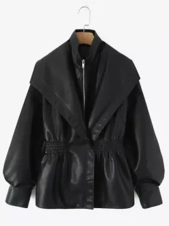 Oversized Wide Lapel Faux Leather Jacket Elastic Cinched Waist Two-Tone Black Brown Outerwear