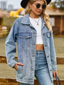 Oversized Denim Jacket For Women - Long Boyfriend Fit Distressed Jean Trucker Coat - Spring Chic Streetwear 2026
