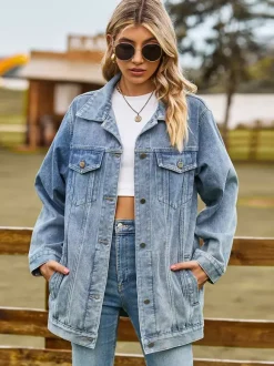 Oversized Denim Jacket For Women - Long Boyfriend Fit Distressed Jean Trucker Coat - Spring Chic Streetwear 2026
