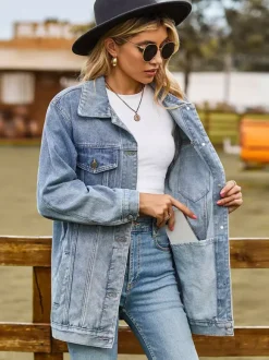 Oversized Denim Jacket For Women - Long Boyfriend Fit Distressed Jean Trucker Coat - Spring Chic Streetwear 2026