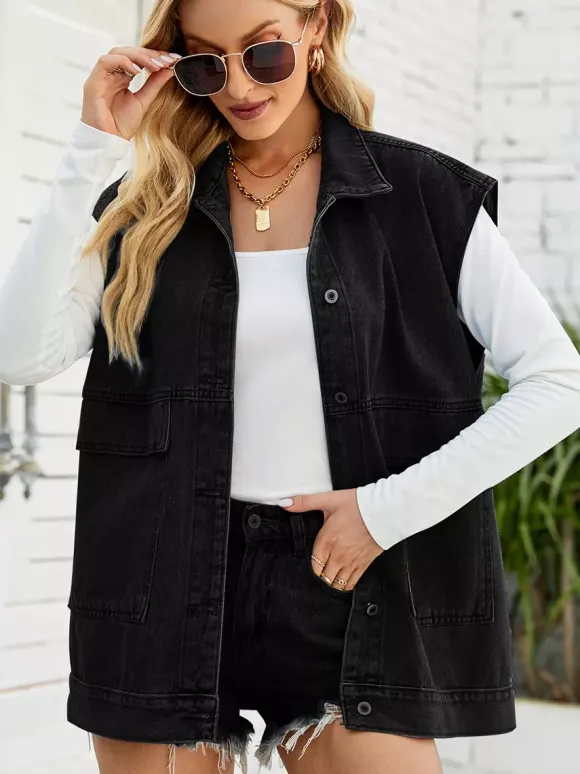 Oversized Denim Vest For Women - Vintage Long Distressed Sleeveless Jean Jacket Coat - Spring Summer Streetwear 2026