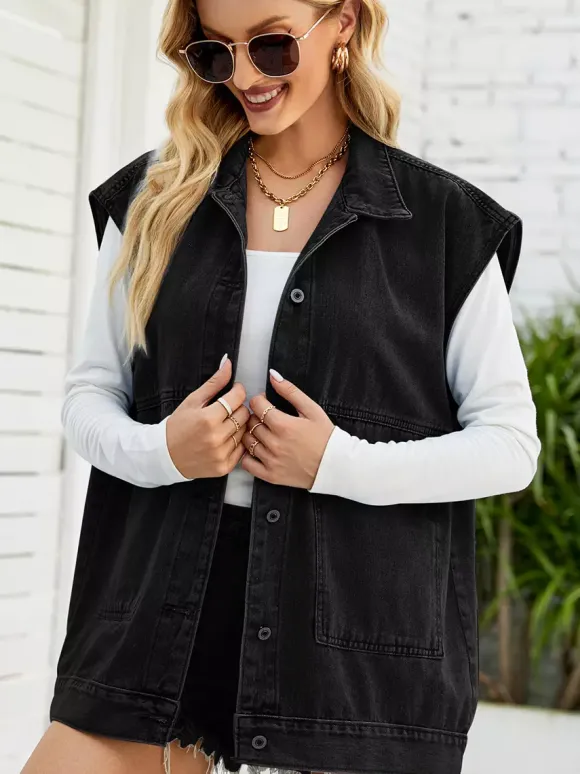 Oversized Denim Vest For Women - Vintage Long Distressed Sleeveless Jean Jacket Coat - Spring Summer Streetwear 2026