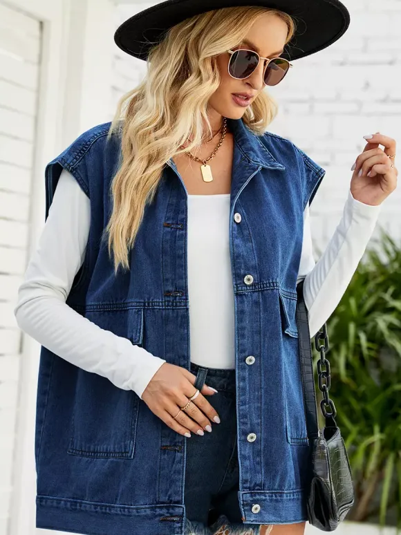 Oversized Denim Vest For Women - Vintage Long Distressed Sleeveless Jean Jacket Coat - Spring Summer Streetwear 2026