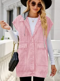 Oversized Hooded Denim Vest For Women - Longline Distressed Sleeveless Jean Jacket Coat - Spring Summer Streetwear 2026