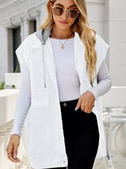 Oversized Hooded Denim Vest For Women - Longline Distressed Sleeveless Jean Jacket Coat - Spring Summer Streetwear 2026