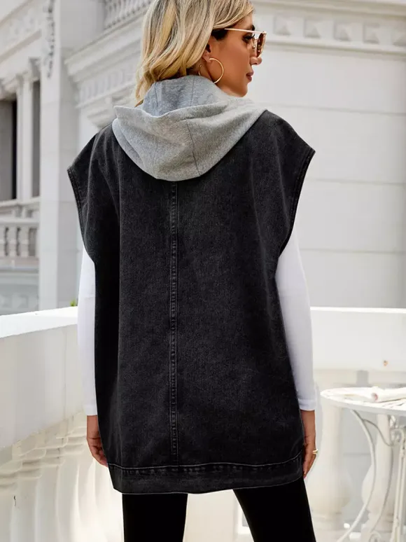 Oversized Hooded Denim Vest For Women - Longline Distressed Sleeveless Jean Jacket Coat - Spring Summer Streetwear 2026