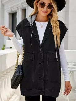 Oversized Hooded Denim Vest For Women - Longline Distressed Sleeveless Jean Jacket Coat - Spring Summer Streetwear 2026