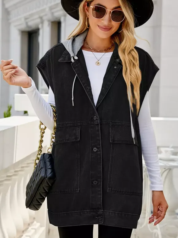 Oversized Hooded Denim Vest For Women - Longline Distressed Sleeveless Jean Jacket Coat - Spring Summer Streetwear 2026