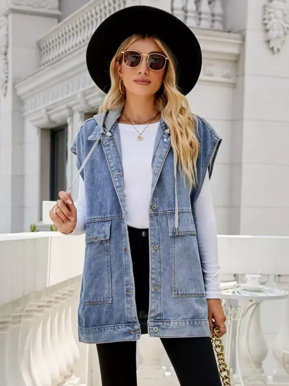 Oversized Hooded Denim Vest For Women - Longline Distressed Sleeveless Jean Jacket Coat - Spring Summer Streetwear 2026