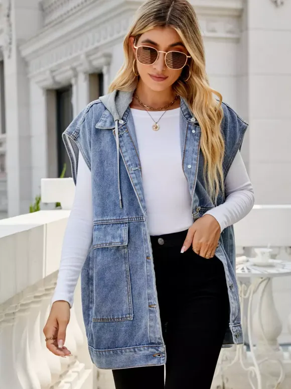 Oversized Hooded Denim Vest For Women - Longline Distressed Sleeveless Jean Jacket Coat - Spring Summer Streetwear 2026