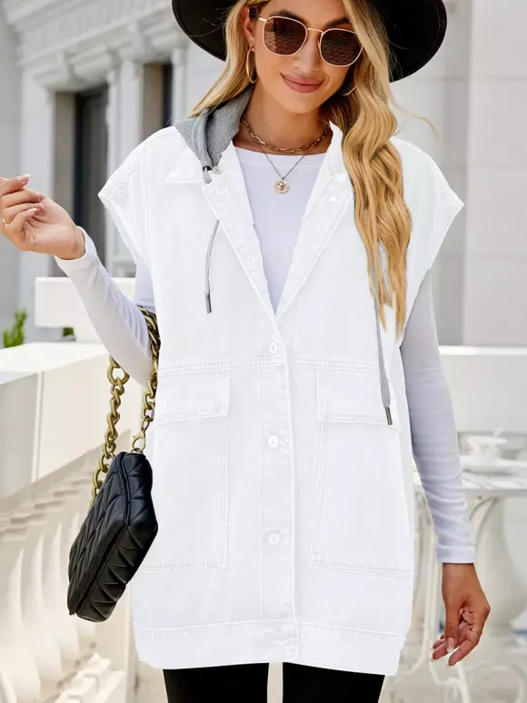 Oversized Hooded Denim Vest For Women - Longline Distressed Sleeveless Jean Jacket Coat - Spring Summer Streetwear 2026