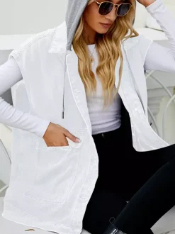 Oversized Hooded Denim Vest For Women - Longline Distressed Sleeveless Jean Jacket Coat - Spring Summer Streetwear 2026
