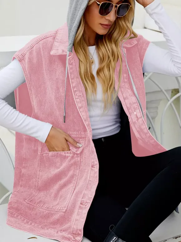 Oversized Hooded Denim Vest For Women - Longline Distressed Sleeveless Jean Jacket Coat - Spring Summer Streetwear 2026