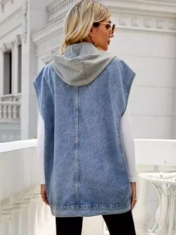 Oversized Hooded Denim Vest For Women - Longline Distressed Sleeveless Jean Jacket Coat - Spring Summer Streetwear 2026