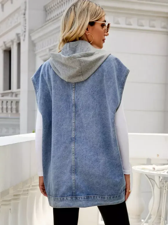 Oversized Hooded Denim Vest For Women - Longline Distressed Sleeveless Jean Jacket Coat - Spring Summer Streetwear 2026