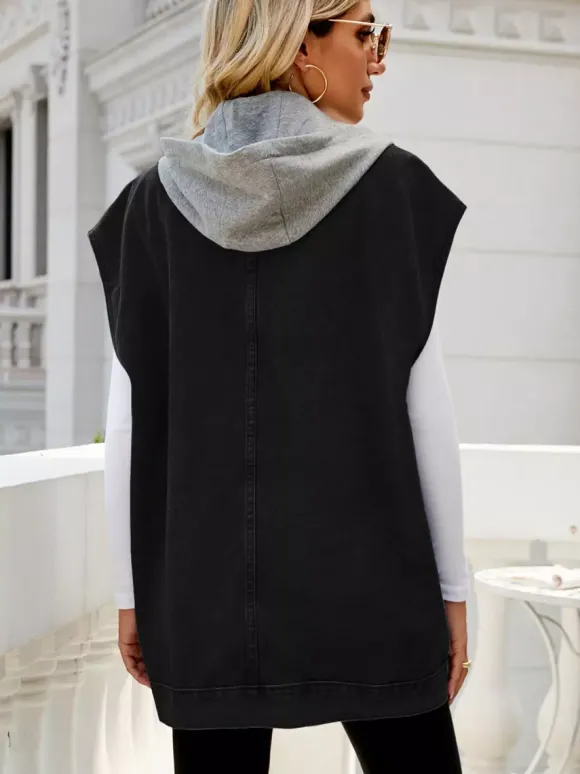 Oversized Hooded Denim Vest For Women - Longline Distressed Sleeveless Jean Jacket Coat - Spring Summer Streetwear 2026