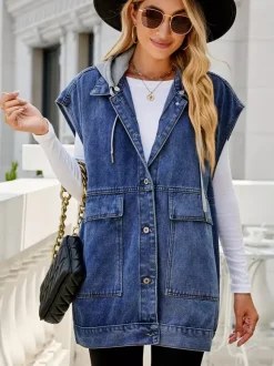 Oversized Hooded Denim Vest For Women - Longline Distressed Sleeveless Jean Jacket Coat - Spring Summer Streetwear 2026