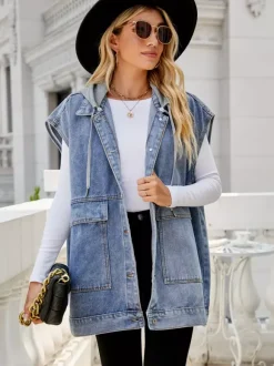 Oversized Hooded Denim Vest For Women - Longline Distressed Sleeveless Jean Jacket Coat - Spring Summer Streetwear 2026