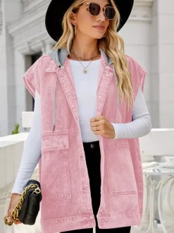 Oversized Hooded Denim Vest For Women - Longline Distressed Sleeveless Jean Jacket Coat - Spring Summer Streetwear 2026