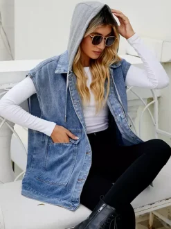 Oversized Hooded Denim Vest For Women - Longline Distressed Sleeveless Jean Jacket Coat - Spring Summer Streetwear 2026