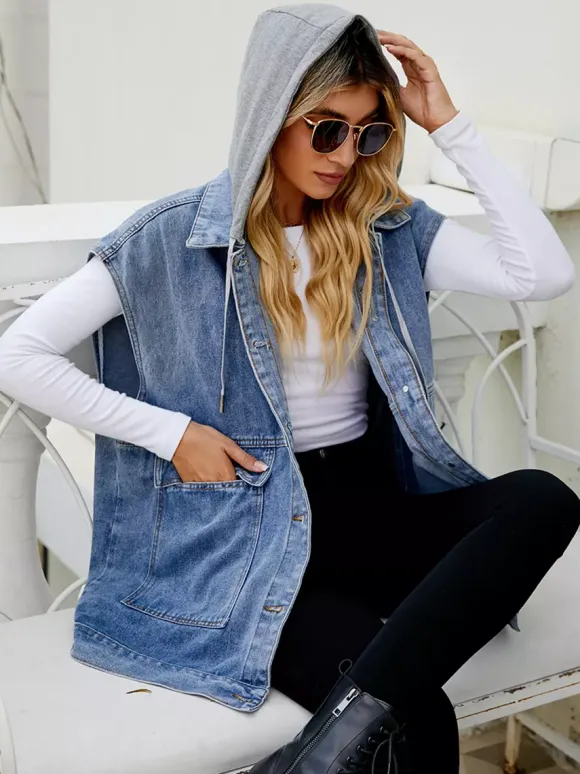 Oversized Hooded Denim Vest For Women - Longline Distressed Sleeveless Jean Jacket Coat - Spring Summer Streetwear 2026