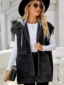 Oversized Hooded Denim Vest For Women - Longline Distressed Sleeveless Jean Jacket Coat - Spring Summer Streetwear 2026