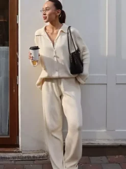 Oversized Knit Loungewear 2 Piece Set For Women - Casual Cardigan And Wide Leg Pants - Spring Cozy Streetwear 2026