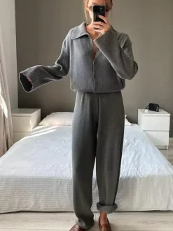 Oversized Knit Loungewear 2 Piece Set For Women - Casual Cardigan And Wide Leg Pants - Spring Cozy Streetwear 2026