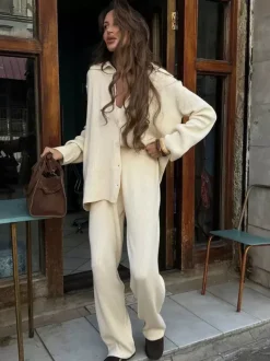Oversized Knit Loungewear 2 Piece Set For Women - Casual Cardigan And Wide Leg Pants - Spring Cozy Streetwear 2026