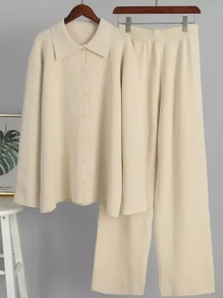 Oversized Knit Loungewear 2 Piece Set For Women - Casual Cardigan And Wide Leg Pants - Spring Cozy Streetwear 2026