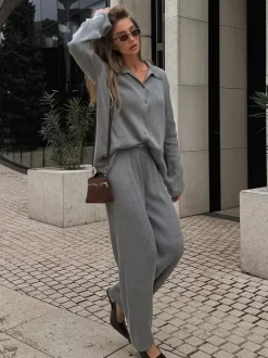 Oversized Knit Loungewear 2 Piece Set For Women - Casual Cardigan And Wide Leg Pants - Spring Cozy Streetwear 2026