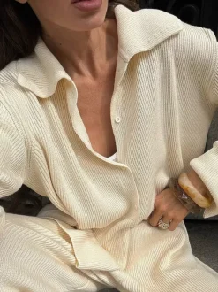 Oversized Knit Loungewear 2 Piece Set For Women - Casual Cardigan And Wide Leg Pants - Spring Cozy Streetwear 2026