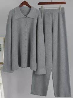 Oversized Knit Loungewear 2 Piece Set For Women - Casual Cardigan And Wide Leg Pants - Spring Cozy Streetwear 2026