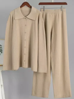 Oversized Knit Loungewear 2 Piece Set For Women - Casual Cardigan And Wide Leg Pants - Spring Cozy Streetwear 2026