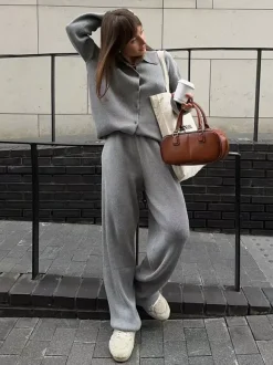 Oversized Knit Loungewear 2 Piece Set For Women - Casual Cardigan And Wide Leg Pants - Spring Cozy Streetwear 2026