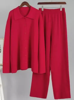 Oversized Knit Loungewear 2 Piece Set For Women - Casual Cardigan And Wide Leg Pants - Spring Cozy Streetwear 2026